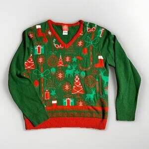 My Christmas Party Sweater Large Ugly Xmas Holiday Green Red Festive Pullover L